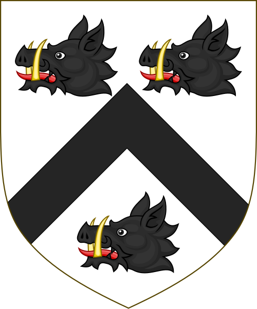 The Grimsby Philatelic Society shield, with three boars' heads above a black chevron