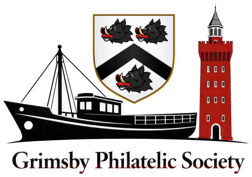 Grimsby Philatelic Society crest, featuring a fishing trawler, Grimsby's Dock Tower and a three-boars-head shield